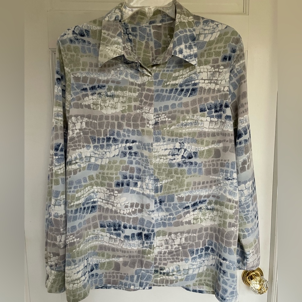 Alfred Dunner Women's Patterned Button Down Shirt - Blue, Green, Gray